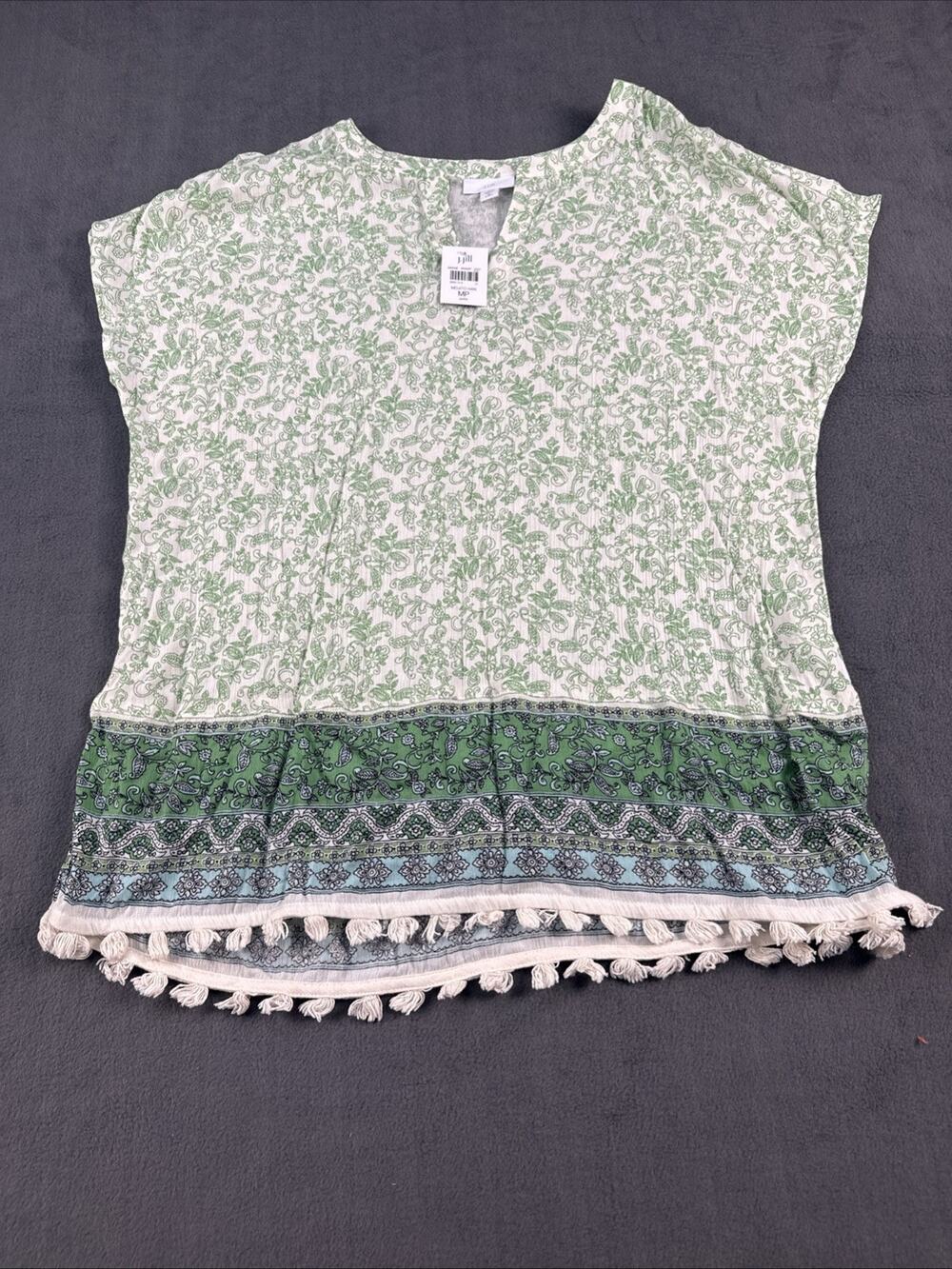 J.Jill Shirt Blouse Green Cream Blue Tassel Size Medium Petite